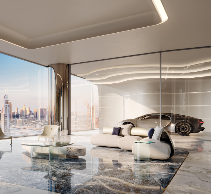Sky Mansion salon with a Bugatti in the private automotive gallery