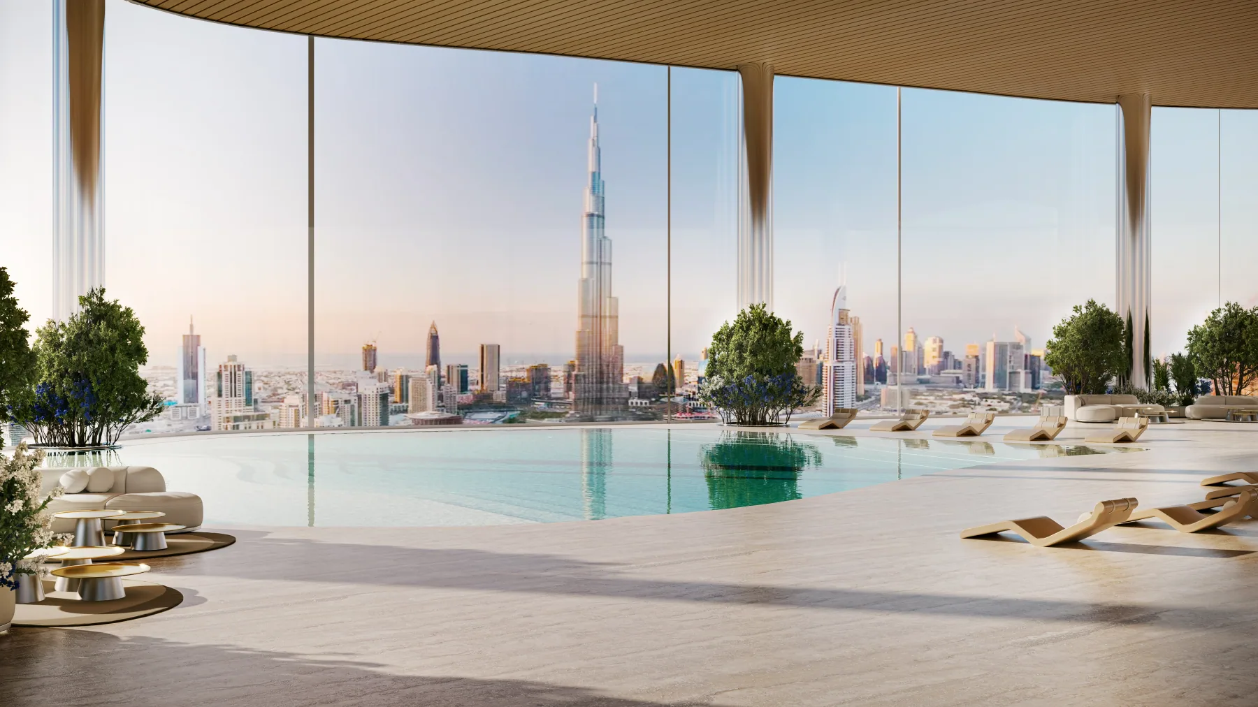 Indoor pool overlooking the Burj Khalifa at Bugatti Residences